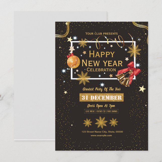 Convite de Flyer para Festa de Ano Novo (Frente/Verso)