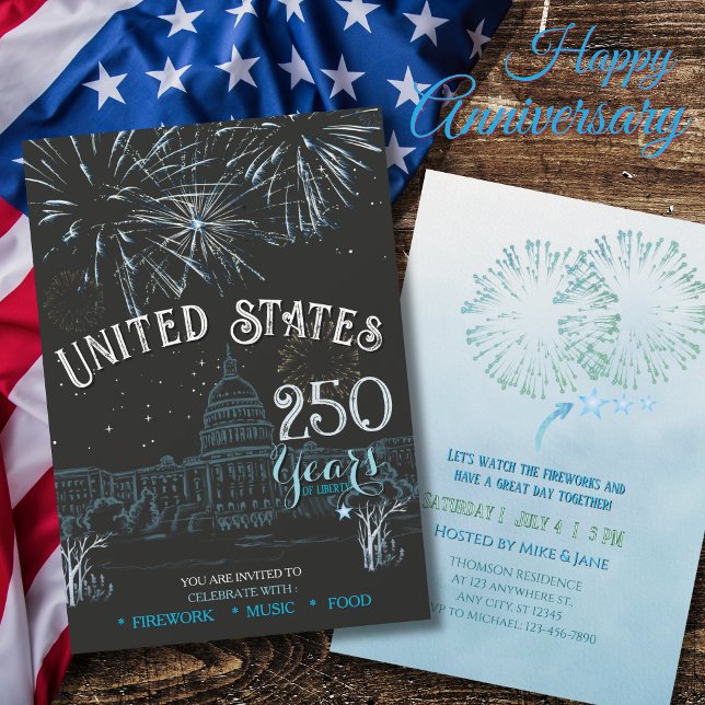 Convite de Fogos de Artifício Classic Blue US 250  (Classic Blue US 250 Years Fireworks Invitation)
