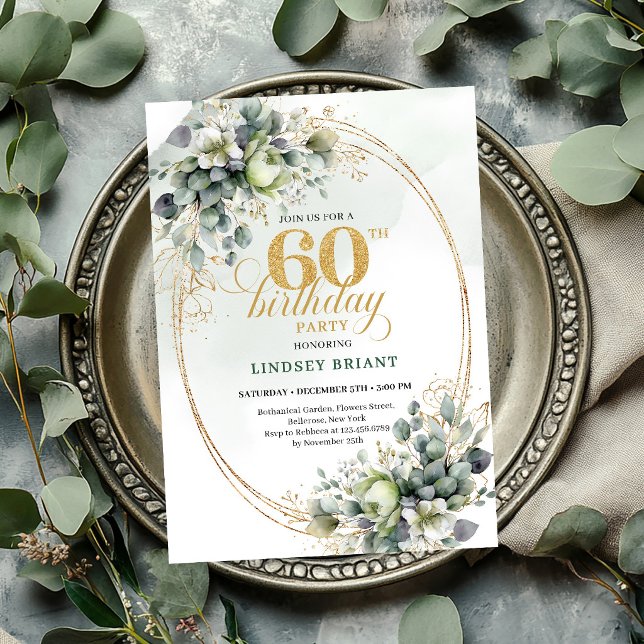 Convite de Folha Botânica de Aniversário de 60 ano (Dusty Green 60th Birthday Botanical Leaf Invite

)