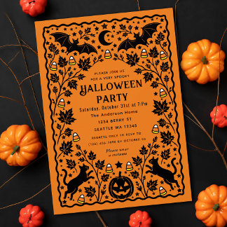 Convite de Folk Art Assustador de Halloween com Mo