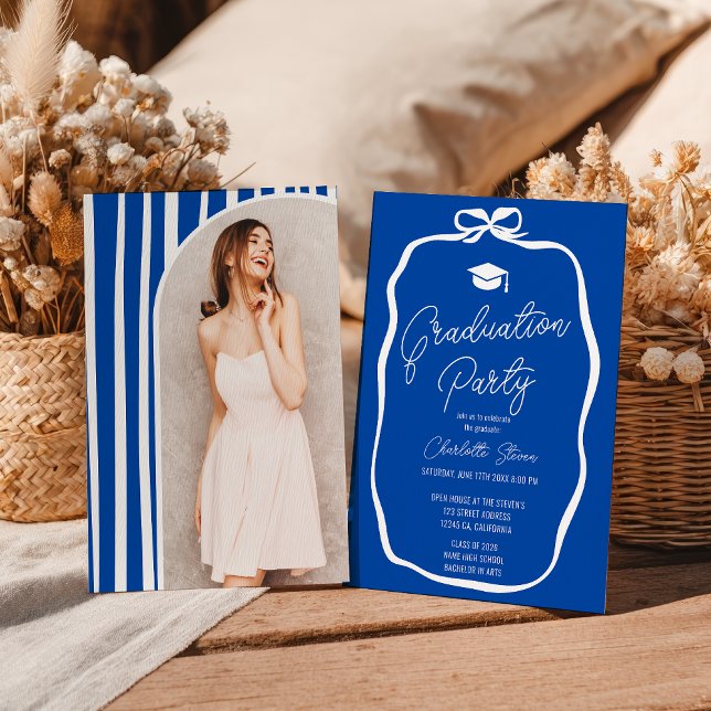 Convite de Formatura Arco Íntimo Azul Cobalto foto (Cobalt Blue Coquette Bow photo graduation Invitation)