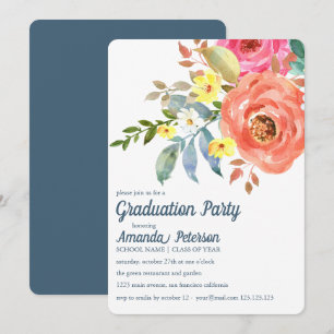 Convite de formatura azul Peonias Rosa Pêssego