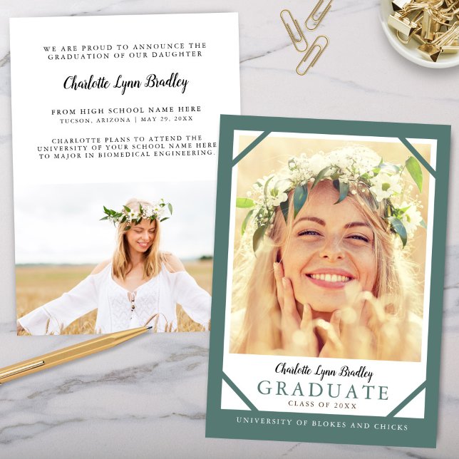 Convite de Formatura Azul Turquesa com 2 Fotos Mod (Modern Trendy Teal Blue Green Graduate Graduation Announcement Reception Invitation)