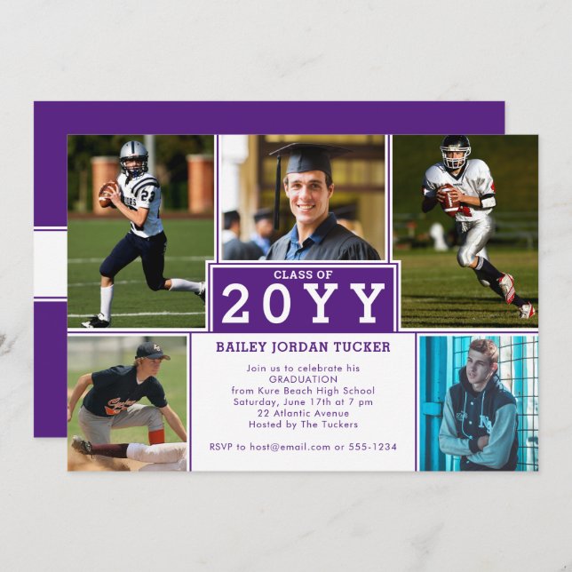 Convite de Formatura Branco Roxo de 5 Fotos Esport (Frente/Verso)