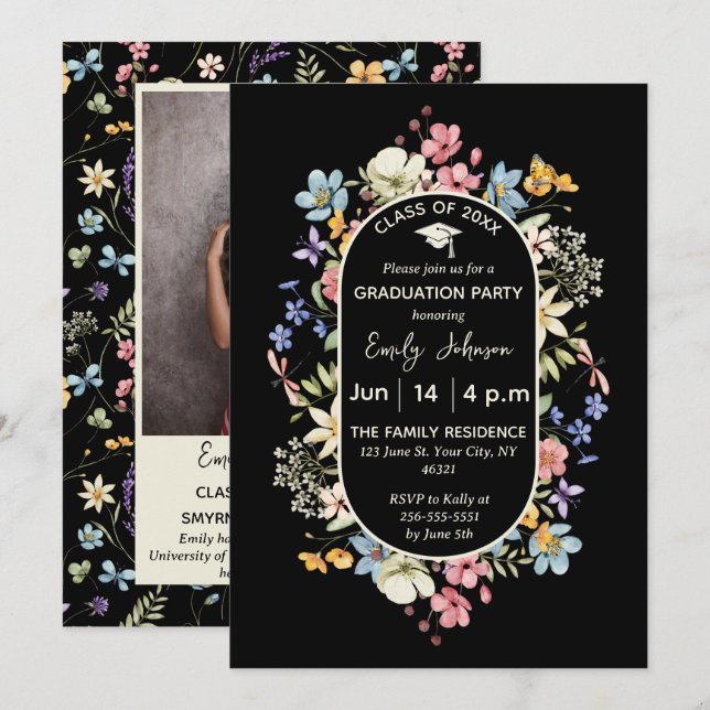 Convite de Formatura com 1 Foto Floral Preto (Frente/Verso)