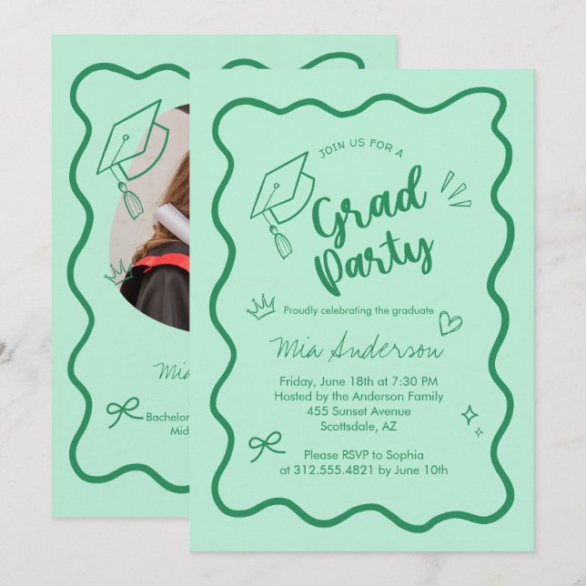 Convite de Formatura com Borda Ondulada Rosa Fofo  (Frente/Verso)