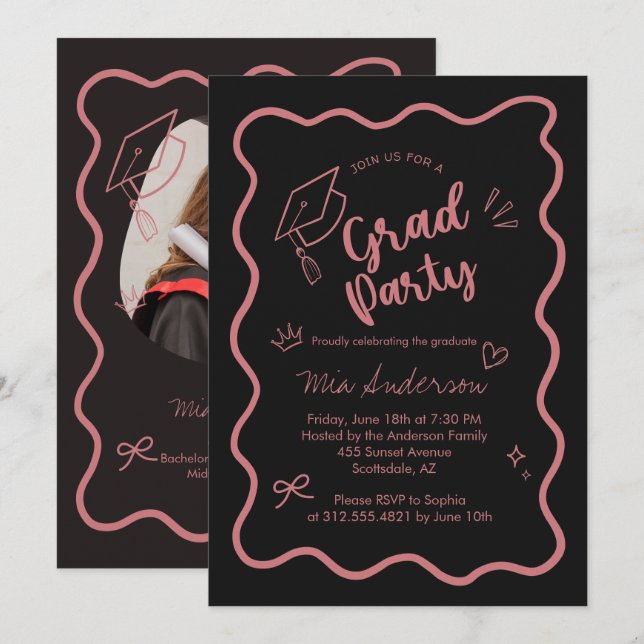 Convite de Formatura com Borda Ondulada Rosa Fofo  (Frente/Verso)