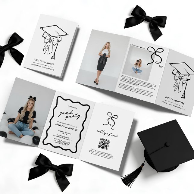 Convite de Formatura com Capelo e Arco Tri-Fold (Grad Cap and Bow Tri-Fold Invitation with Photos)