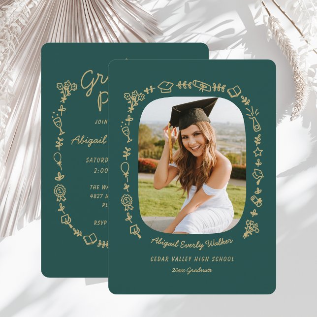 Convite de Formatura com Desenhos à Mão em Esmeral (emerald green hand drawn doodle graduate card with photo)