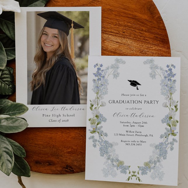 Convite de Formatura com Floral Azul e Foto (Criador carregado)