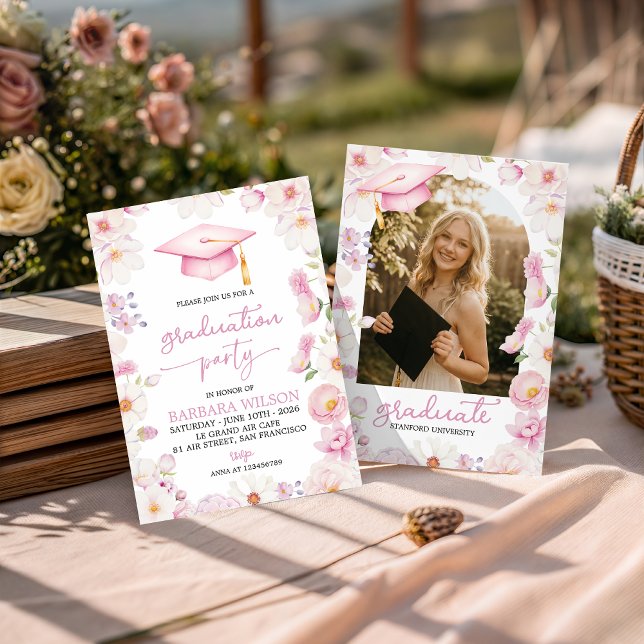 Convite de Formatura com Floral Rosa e Boina (Criador carregado)