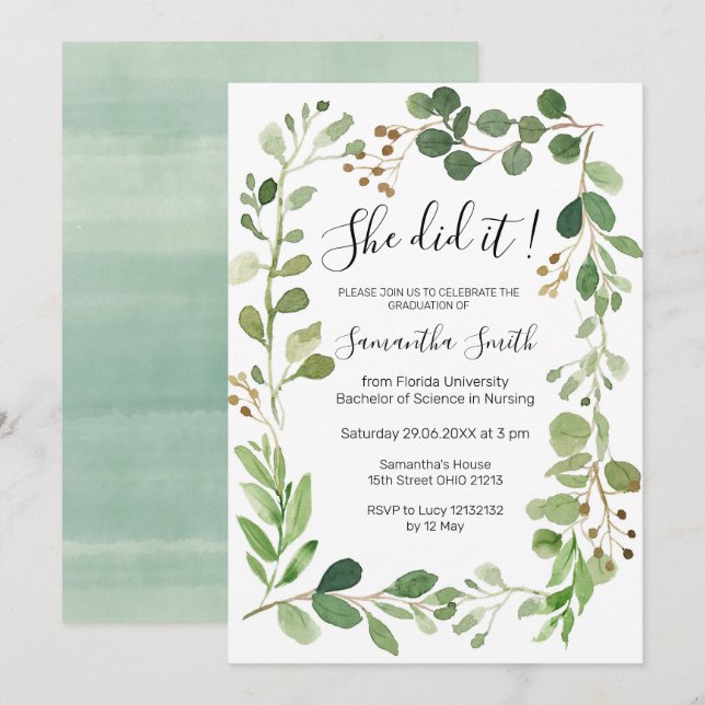 Convite de Formatura com Folhagem She did it (Frente/Verso)