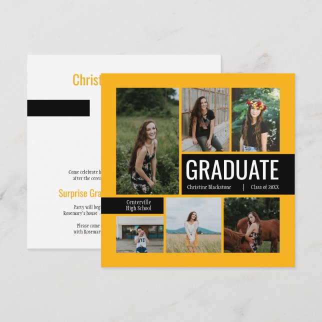 Convite de Formatura com Foto 6 Amarelo e Preto (Frente/Verso)