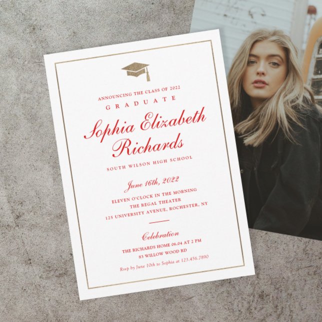 Convite de Formatura com Foto Clássico em Dourado (Classic red and gold script formal photo graduation invitations.)