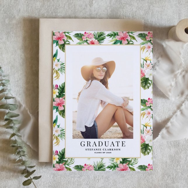 Convite de Formatura com Foto de Padrão Tropical e (Customizable photo graduation invitation featuring watercolor tropical pattern)