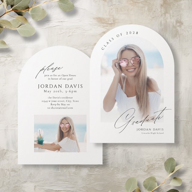 Convite de Formatura com Foto em Arco de Letra Ele (Elegant Script Arch Photo Graduation Announcement)