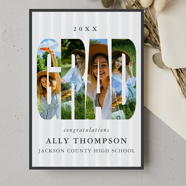 Convite de Formatura com Foto em Listra Clássica C (Grey Classic Stripe Photo Graduation Announcement)