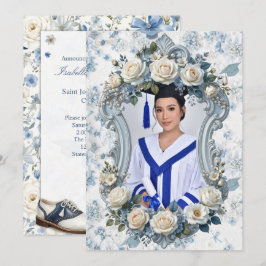Convite de Formatura com Foto Floral Azul e Branco