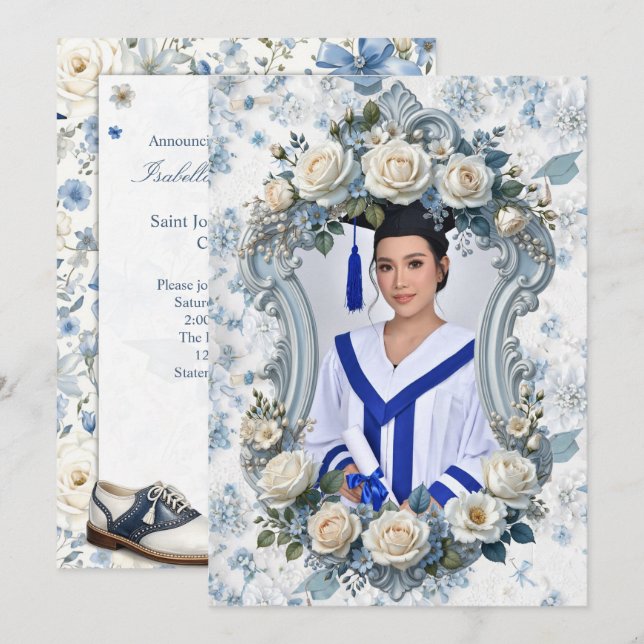 Convite de Formatura com Foto Floral Azul e Branco (Frente/Verso)