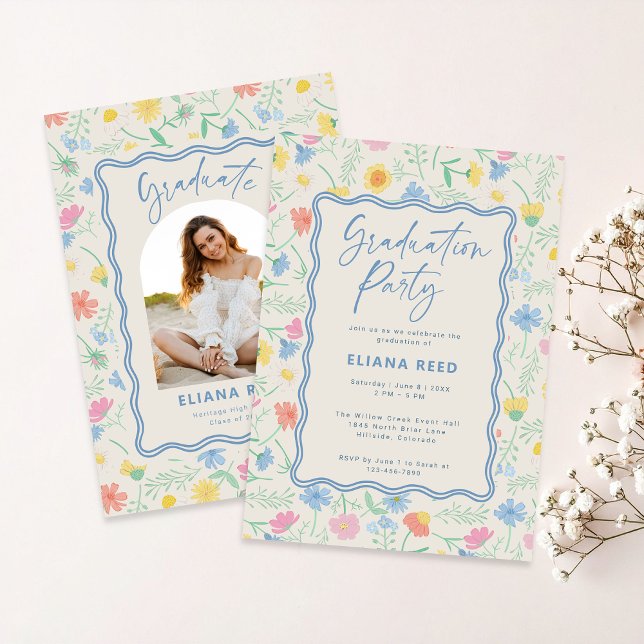 Convite de Formatura com Foto Floral de Flores Sil (Wildflower pattern pastel colors graduation photo announcement with invitation on the back )
