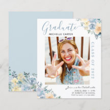 Convite de Formatura com Foto Floral em Azul Empoe