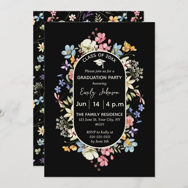 Convite de Formatura com Foto Floral Preto (Frente/Verso)