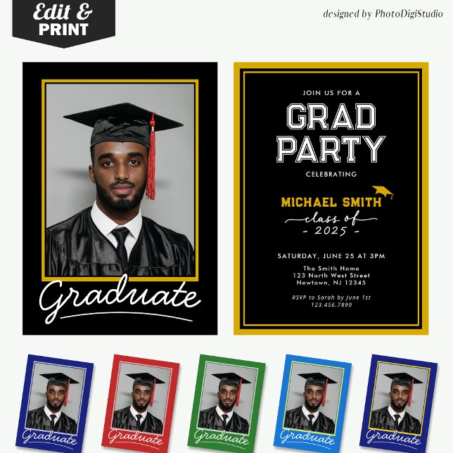 Convite de Formatura com Foto Personalizada, Cláss (Custom Graduation Invitation Card | Black and Gold Classic Design for Graduation Party and Ceremony )