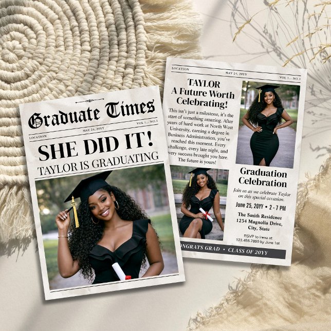 Convite de Formatura com Foto Personalizada, Jorna (Custom Trendy Graduation Newspaper Photo Invitation)