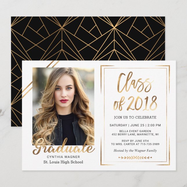 Convite de Formatura com Foto Preto Branco e Doura (Frente/Verso)