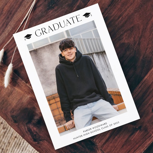 Convite de Formatura com Foto Simples e Econômico (Simple black and white cap budget 2 photo graduation invitation announcement card.)