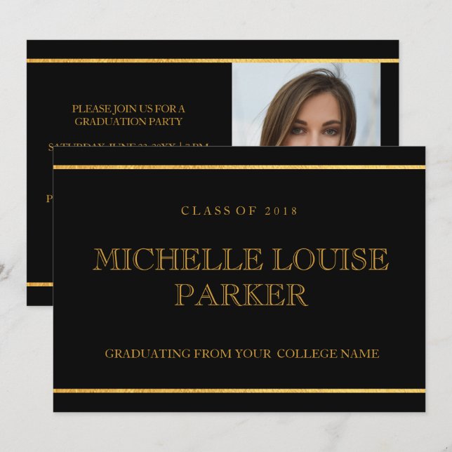 Convite de Formatura com Foto Timeless Gold Black (Frente/Verso)
