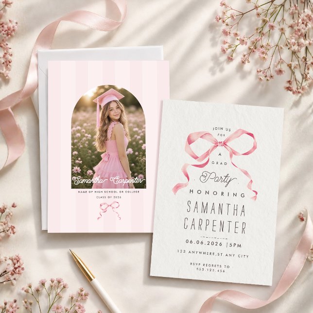 Convite de formatura com laço rosa elegante foto c (Criador carregado)