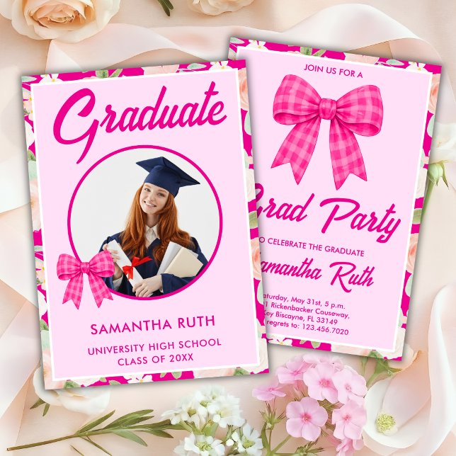 Convite de Formatura com Laço Xadrez Rosa Vibrante (Criador carregado)
