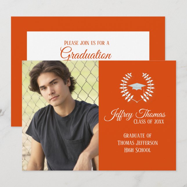Convite de Formatura com Tampa e Folhas Laranja 5" (Frente/Verso)