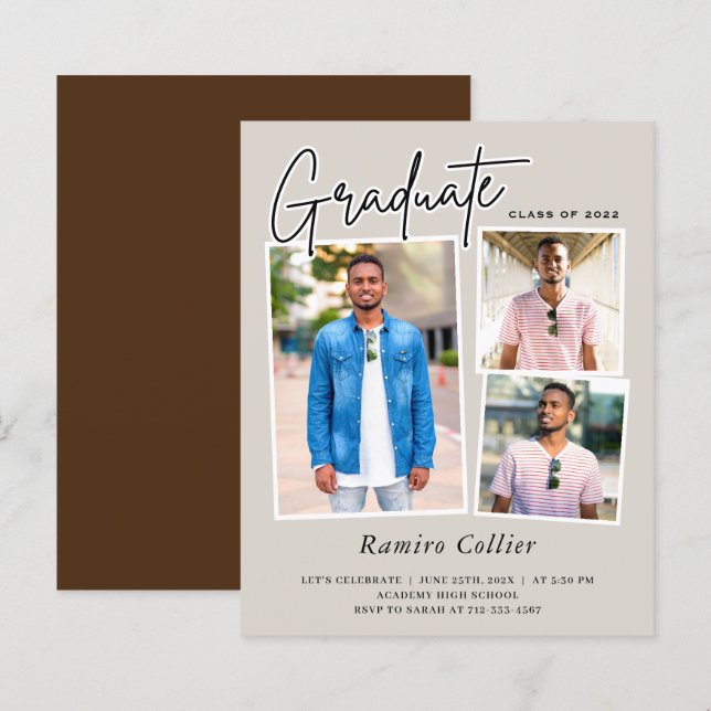 Convite de Formatura com Três Fotos e Letra Modern (Frente/Verso)