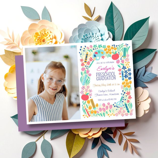 Convite de Formatura da Pré-Escola com Foto Floral (Criador carregado)