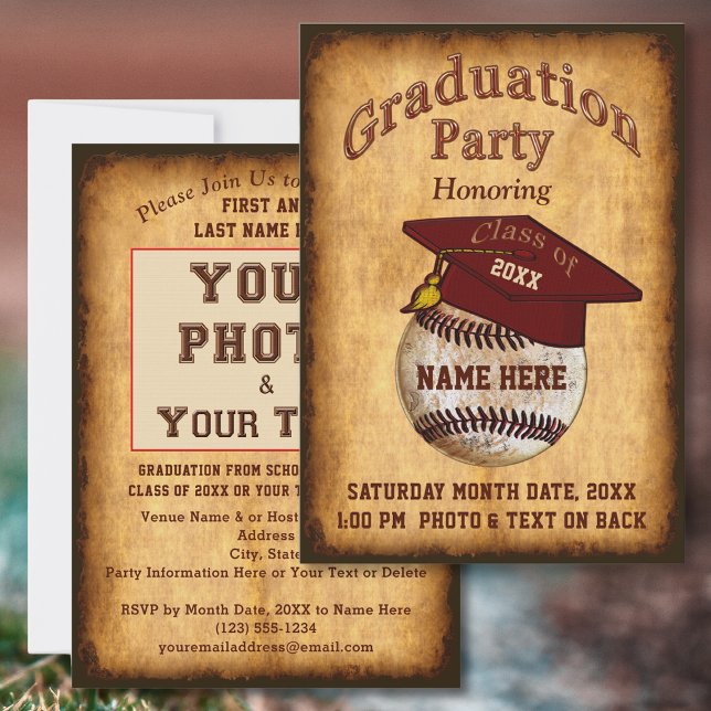 Convite de Formatura de Beisebol com Foto e Texto (Baseball Graduation Invitations. Baseball themed graduation. Baseball theme graduation party. Old.)