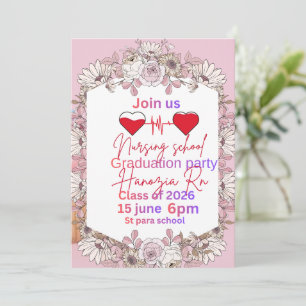 Convite de Formatura de Enfermagem com Floral Rosa
