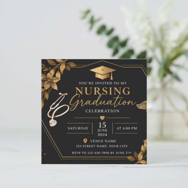Convite de Formatura de Enfermagem Floral Preto Do (Em pé/Frente)