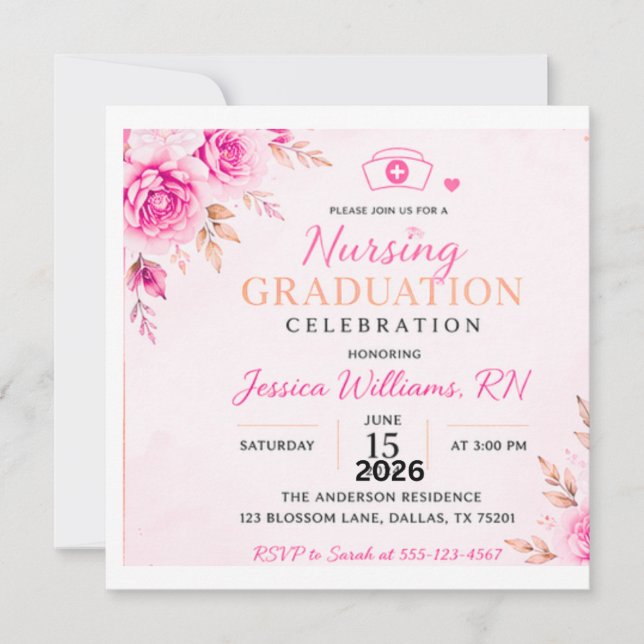 Convite de Formatura de Enfermagem Floral Rosa | E (Frente)
