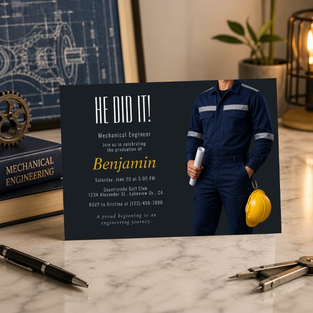 Convite de Formatura de Engenheiro Mecânico (Modern mechanical engineer graduation invite with bold, clean, professional design)