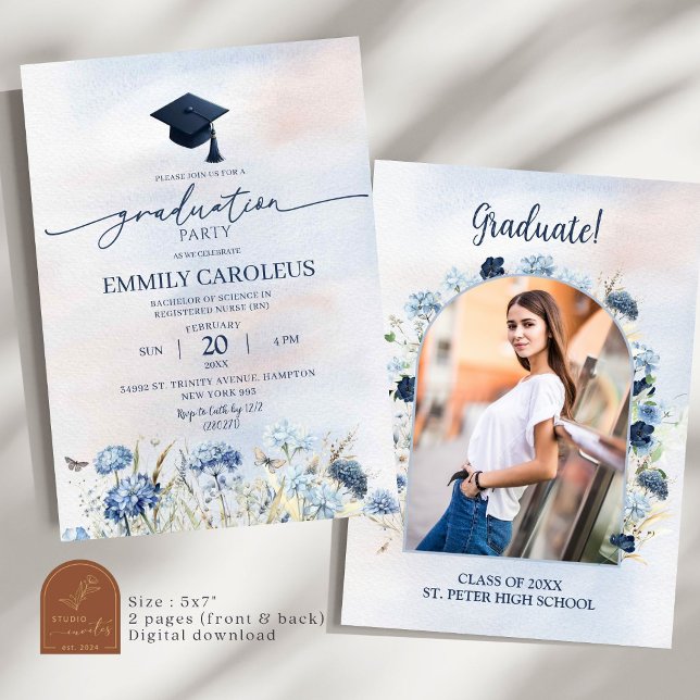 Convite de Formatura de Flor Silvestre Azul Empoei (Criador carregado)