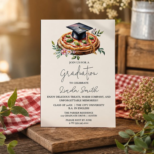 Convite de Formatura de Pizza Floral Elegante (Elegant Floral Pizza Graduation Invitation #pizzaparty #zazzlemade #watercolorpizza #graduationparty)