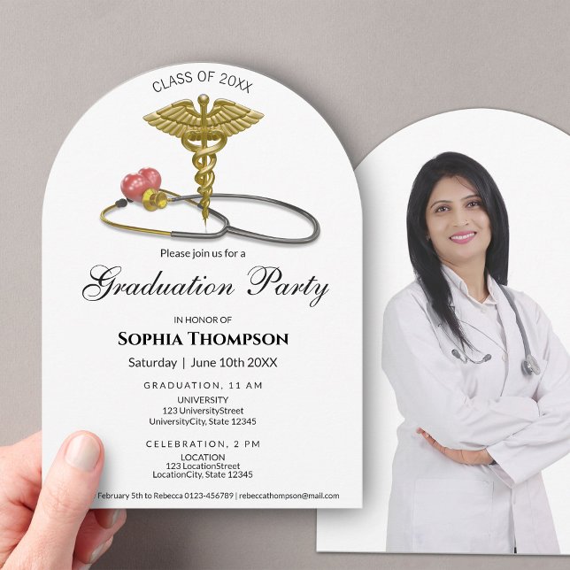 Convite de Formatura Dourado Caduceu Estetoscópio  (Criador carregado)