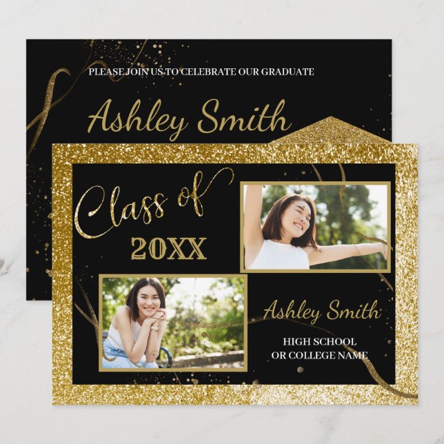 Convite de formatura elegante dourado e preto chiq (Frente/Verso)