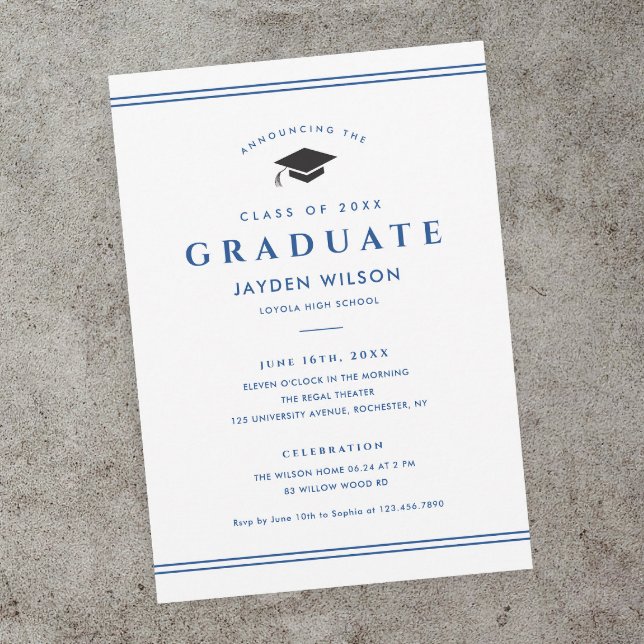 Convite de Formatura Esportivo Simples Azul e Bran (Classic blue and white sporty graduation magnetic invitation announcements.)