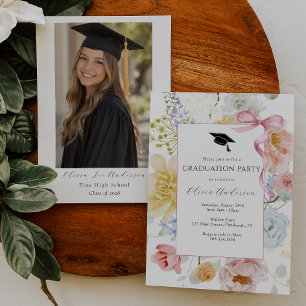Convite de Formatura Floral com Foto   Laço Rosa