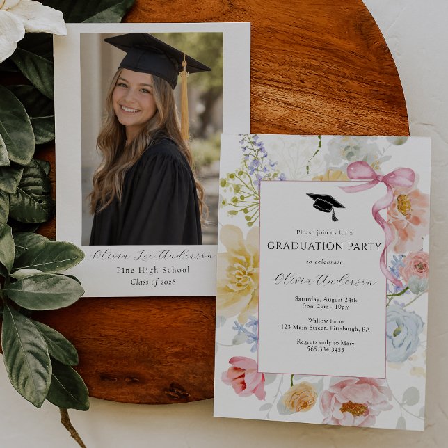 Convite de Formatura Floral com Foto | Laço Rosa (Criador carregado)