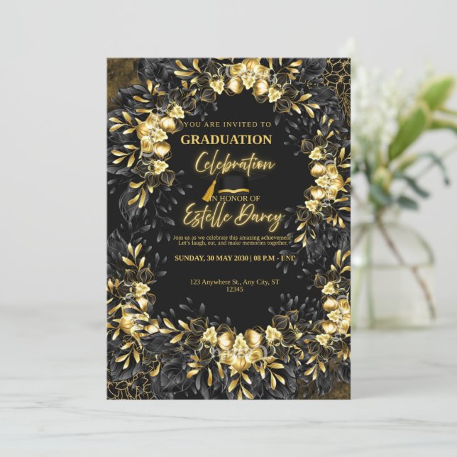 Convite de Formatura Floral Preto e Dourado com P (Em pé/Frente)