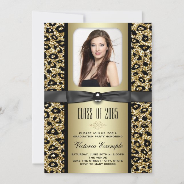 Convite de Formatura Glitter Dourado Leopardo (Frente)